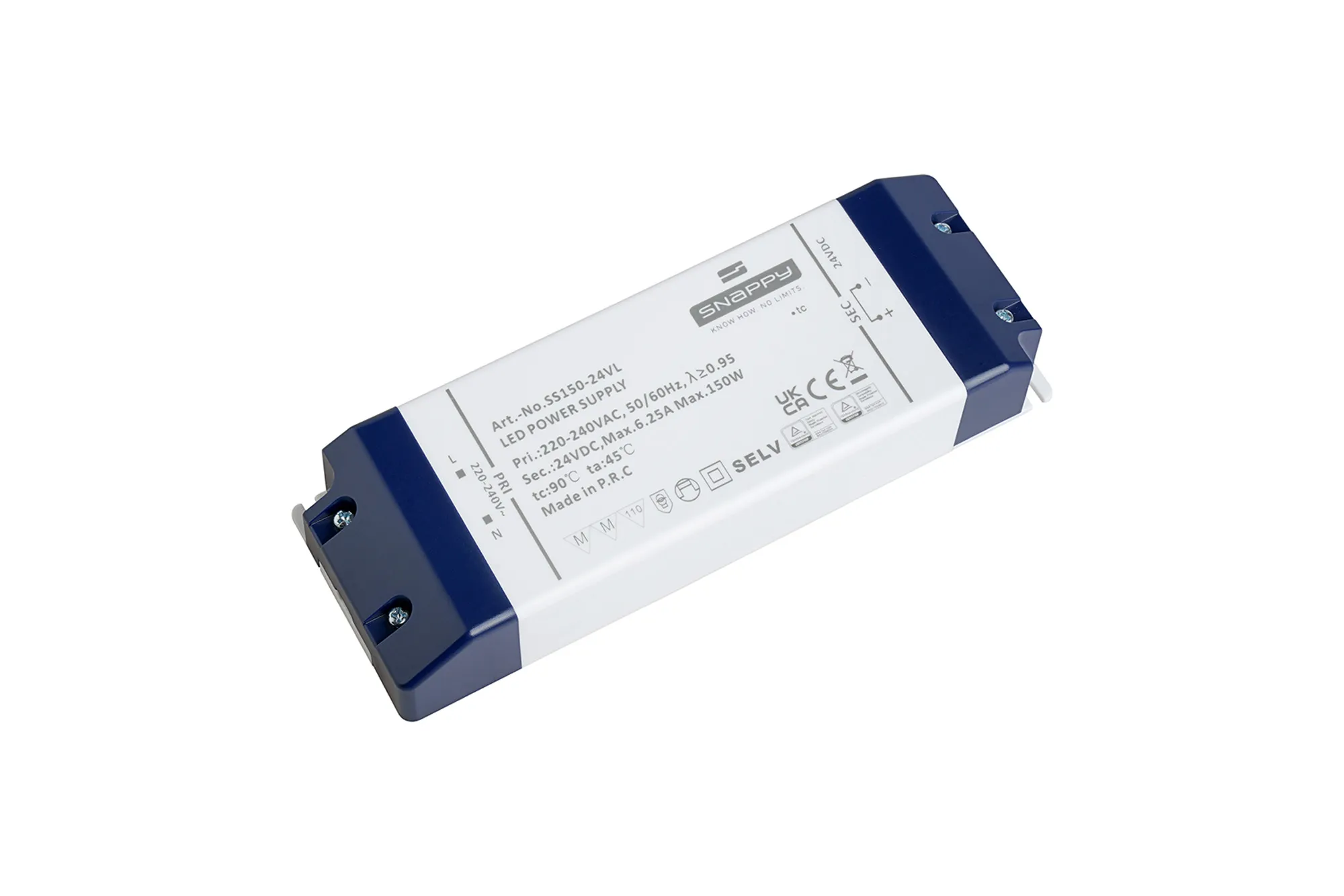 SS150-24VL  SS, 150W, Constant Voltage Non Dimmable PC LED Driver,24VDC,6.25A, Pf>0.95, TC:+85°, TA:45°, IP20, Effi>85%, Screw Connection, 5yrs Warranty.